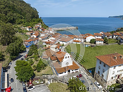 Aerial view Church of Iglesia San Miguel in Tazones Asturias Spain Stock Photo