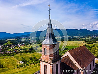 Aerial view of Church Saint-Gilles in Saint-Pierre-Bois, Alsace Stock Photo