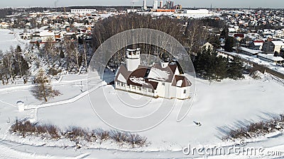 Aerial view of The Church of the Smolensk icon of the Mother of God in the village Podolino Stock Photo