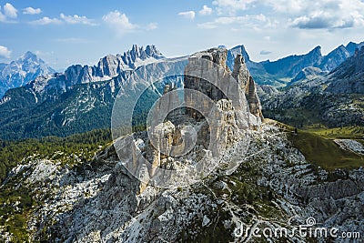 Aerial view of Cinque Torri in Dolomites mountains in Italy. Epic landscape on a sunny day of summer Stock Photo