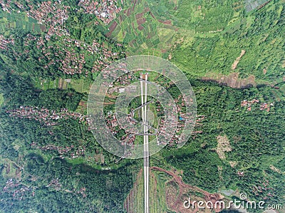 Aerial view of Cisumdawu Twin Tunnel Bandung City, Toll Gate and the Intersection which is the Beginning of the Cisumdawu Toll Stock Photo