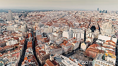 Aerial view of the city center of Madrid, Spain.The landmarks of the capital and the centre from bird eye view.Gran Via street Stock Photo