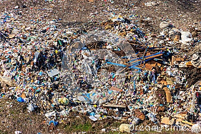 Aerial view of city garbage dump. Pile of plastic trash, food waste on landfill. Environmental pollution concept Stock Photo