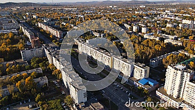 Aerial view of the City, Main Street, Park, Building, Alley, Mountains in Sunset, Autumn Stock Photo