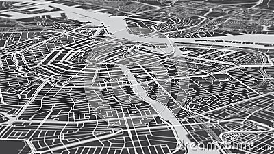 Aerial view city map Amsterdam, monochrome detailed plan streets and canals, urban grid in perspective Stock Photo