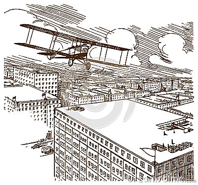 Aerial view of a city. Parcel delivery service biplane flying over the airfield on the roof of the building Vector Illustration