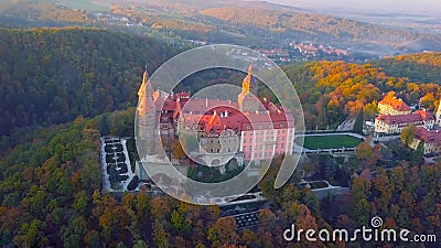 Aerial view of a city in Poland - north of the country - a castle in the middle of the forest - overlooking the trees and beautifu Stock Photo