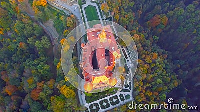 Aerial view of a city in Poland - north of the country - a castle in the middle of the forest - overlooking the trees and beautifu Stock Photo