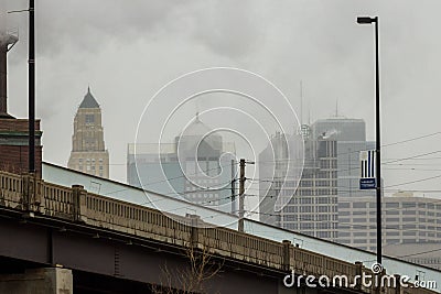 Aerial view of cityscape Kansas surrounded by buildings in foggy day Editorial Stock Photo