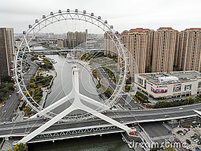 Aerial view of cityscape of Tianjin ferris wheel. Tianjin Eye ferris wheel Editorial Stock Photo