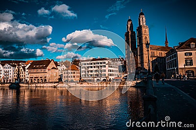 Aerial view of cityscape Zurich surrounded by buildings and water Editorial Stock Photo