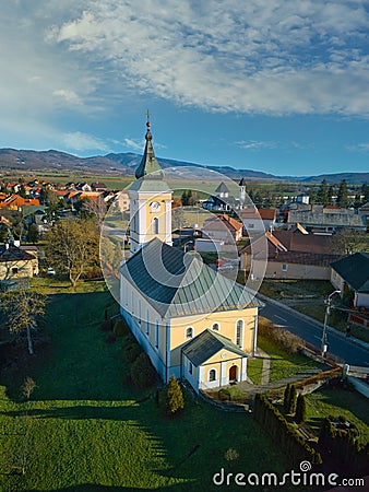 Aerial view of Classicistic Evangelical church in Ocova in podpolanie region during winter Stock Photo