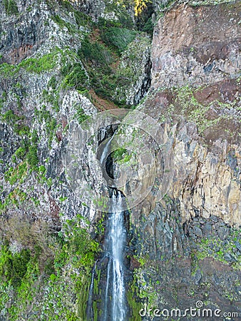 Aerial view of the cliffside and Corrego da Furna waterfall. Madeira, Portugal Stock Photo