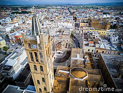 Aerial View of Close Up of the Bell Tower of the Church Santa Maria La Nova in Pulsano near Taranto Stock Photo