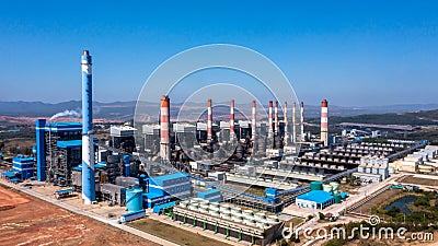 Aerial view Coal-fired power plants with blue sky background, coal-fired power station, Gas turbine electrical power plant power Editorial Stock Photo