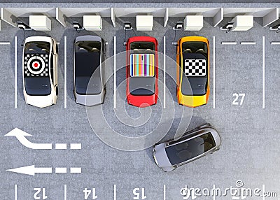 Aerial view of colorful EV charging at parking lot Stock Photo