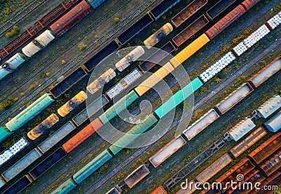 Aerial view of colorful freight trains Stock Photo