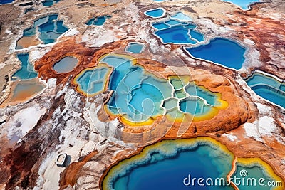 aerial view of colorful geothermal pools surrounded by ice Stock Photo