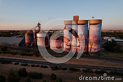 Aerial view of colorful murals painted on silos in a regional town Salt Lake, Australia. Editorial Stock Photo