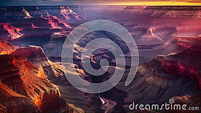 Aerial view of colourful canyon with pink, orange, violet colour layers and cinematic sun light. AI generated. Stock Photo