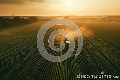 Aerial view of combine harvester working on the large wheat field. Generative AI Stock Photo