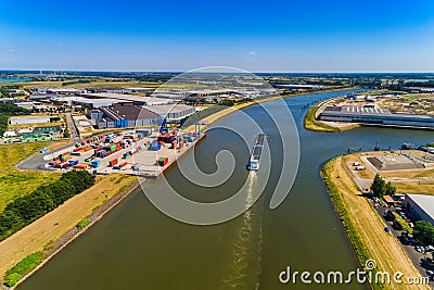aerial view commercial ship crossing the River Rhine in an area Editorial Stock Photo