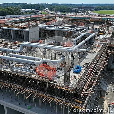 Aerial view of a construction site featuring a partially built structure with visible scaffolding and concrete elements Stock Photo