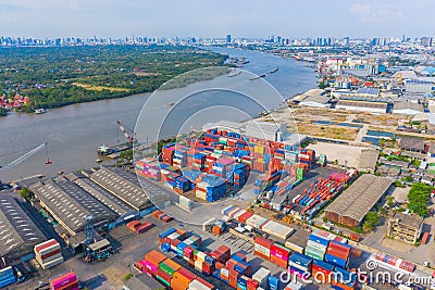 Aerial view of container cargo ship in the export and import business and logistics international goods in urban city. Shipping to Editorial Stock Photo