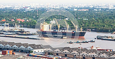 Aerial view of container ship, cargo ship and local boat on Chao Phraya River near Bangkok Port, Thailand Editorial Stock Photo