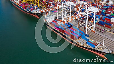 Aerial view container ship at commercial dock, Company import export global business trade logistic and transportation by Editorial Stock Photo