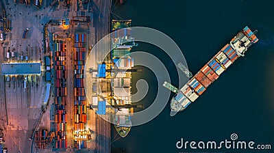 Aerial view container ship from sea port working for delivery containers shipment. Suitable use for transport or import export to Stock Photo