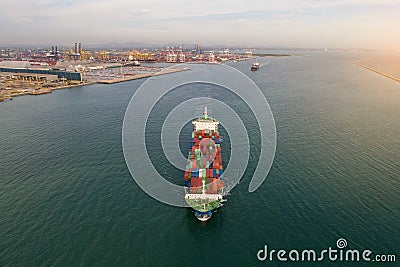 Aerial view container ship to sea port loading container for import export or transportation. shipping business logistic. Trade Stock Photo