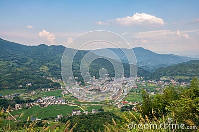 Aerial view of the country in the mountains of southern China, countryside near Youxi County, Sanming, Fujian Province Stock Photo