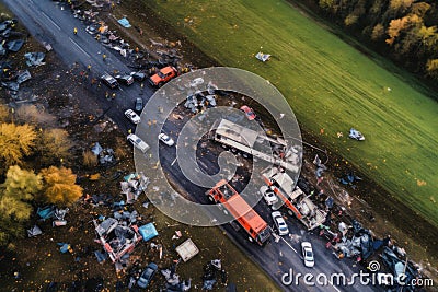 aerial view of crash site surrounded by emergency vehicles Stock Photo