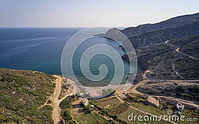 Aerial view on cretan Aliki beach on Mediterannean sea. Crete, Greece Stock Photo