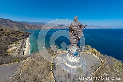 Aerial view of Cristo Rei of Dili, high statue of Jesus Christ located atop a globe in Dili city, East Timor. Timor-Leste. Stock Photo