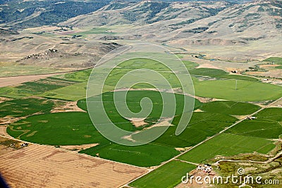 An aerial view of irrigated farm land. Stock Photo