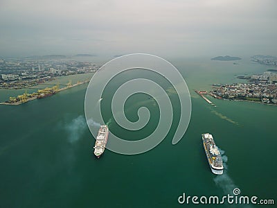 Aerial view cruise ship move at different direction at Penang Port Editorial Stock Photo