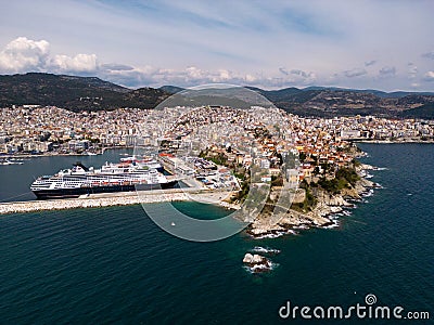 Aerial view cruise ship in port of Kavala. Visitors can enjoy breathtaking panoramas of the city's colorful Editorial Stock Photo