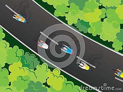 Aerial view of cyclists riding along a road between green meadows Vector Illustration