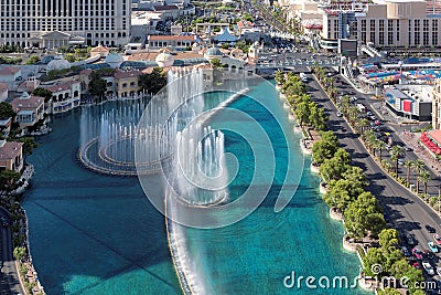 Aerial view of dancing fountains in Las Vegas strip Editorial Stock Photo