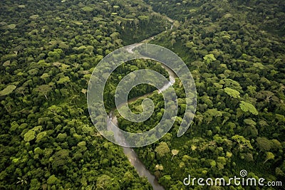 aerial view of dense jungle ecosystem with winding rivers and waterfalls Stock Photo