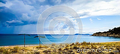 Aerial view of the Destenika beach in Greece, Halkidiki Stock Photo