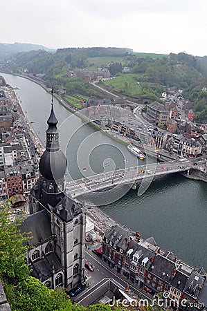 Aerial view of Dinant city, Meuse river & Collegiale Notre Dame de Dinant Stock Photo