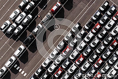 Aerial view directly above new cars ready for export Stock Photo