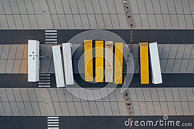 Aerial view of the distribution center, drone photography of the industrial logistic zone. Stock Photo