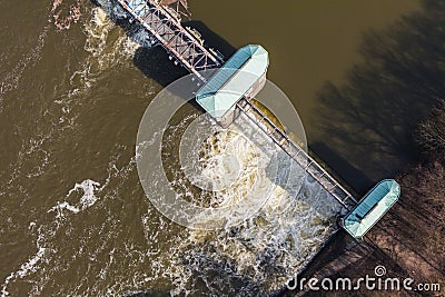 Aerial view of the diversion dam on Odra river Stock Photo