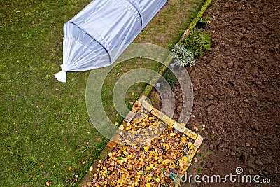 Aerial view of DIY low tunnel greenhouse in a home garden. Polytunnel, autumn garden, cold weather crop protection. Stock Photo
