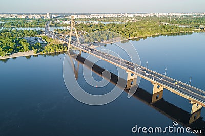 Aerial view of Dnipro river and Moskovskiy bridge in Kyiv, Ukraine Stock Photo