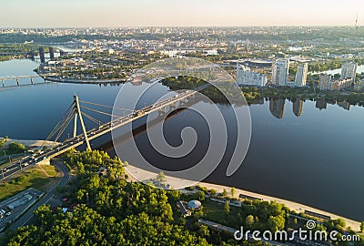 Aerial view of Dnipro river and Moskovskiy bridge in Kyiv, Ukraine Stock Photo